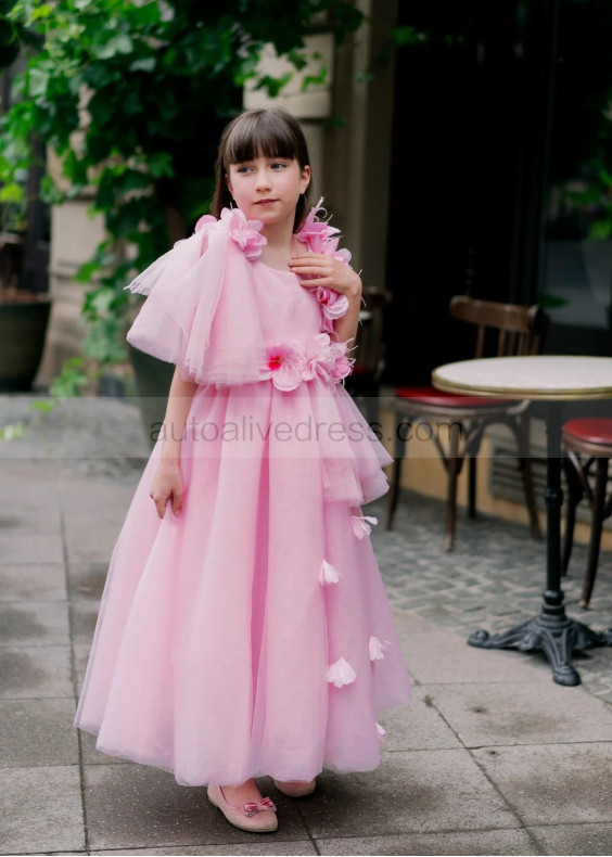 Pink Tulle 3D Flower Appliques Stunning Flower Girl Dress